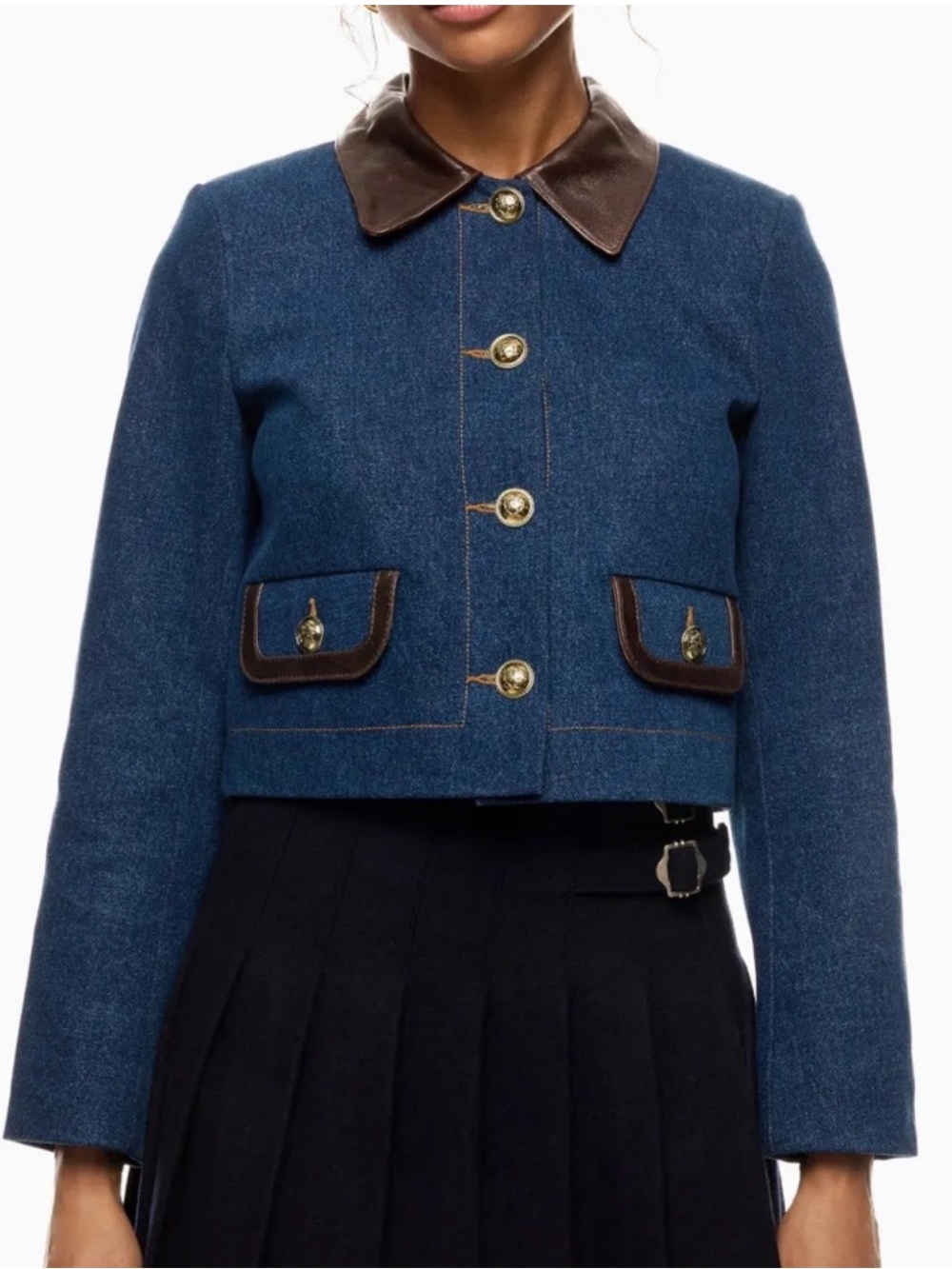 Sandro Denim Jacket With Leather Collar Cropped Women’s 34